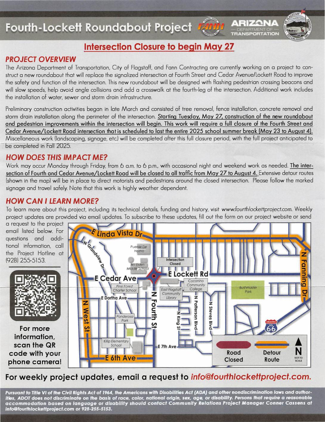 π§π TRAFFIC ALERT: Intersection Closure Starts May 27! ππ§ Heads up, Flagstaff! The Fourth & Cedar Ave/Lockett Rd intersection will be fully CLOSED to traffic May 27βAugust 4 for roundabout construction ππ. π·ββοΈ Crews will be hard at work improving safety with a brand-new roundabout, upgraded crosswalks, and better drainage π§οΈπ¦. π
Work happens MβF, 6amβ6pm, with occasional night/weekend shifts. π§ Expect detoursβcheck the map for the best route around! π² Scan the QR code or visit fourthlockettp