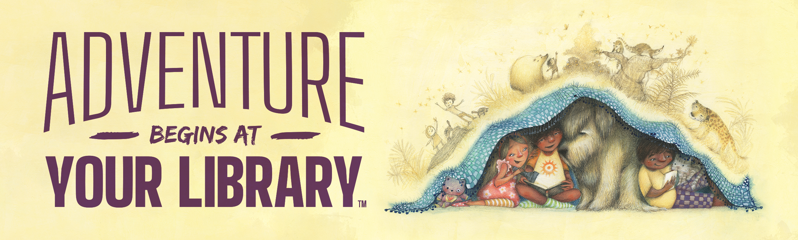 Adventure Begins at Your Library logo with children and dog reading under blanket.
