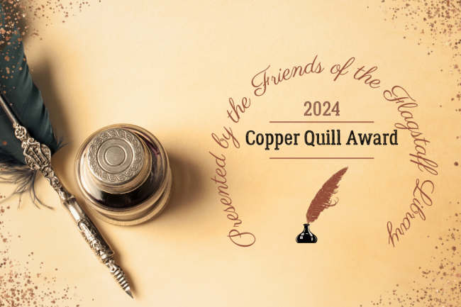 Decorative image of the Copper Quill Award Logo, which is a copper quill pen in a black ink bottle under the words "2024 Copper Quill Award". background of the image is a photograph of a quill pen and inkpot from above, sitting on a parchment-colord paper with copper metal flecks.